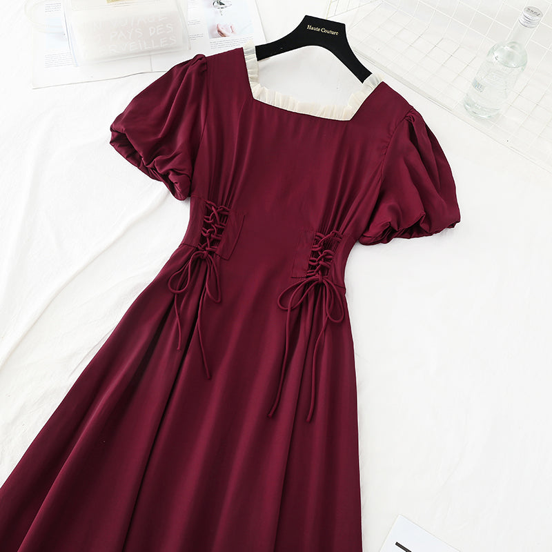 French retro square collar first love waist closing thin fairy skirt  4223