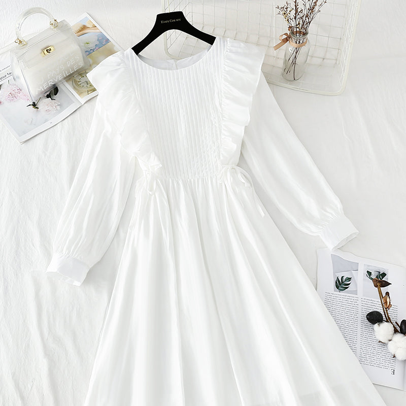 Long sleeved white dress French simple temperament  4225