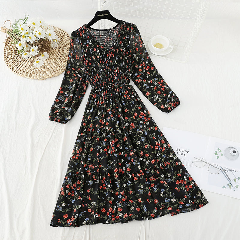 New French minority long skirt with pleated waist and thin A-line skirt  4832