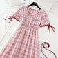 Fresh lace up thin high square neck Red Plaid Dress female  4689