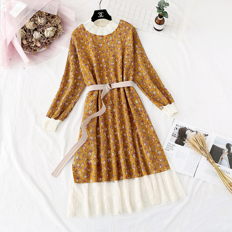 Printed French retro pleated slim waist skirt  3967