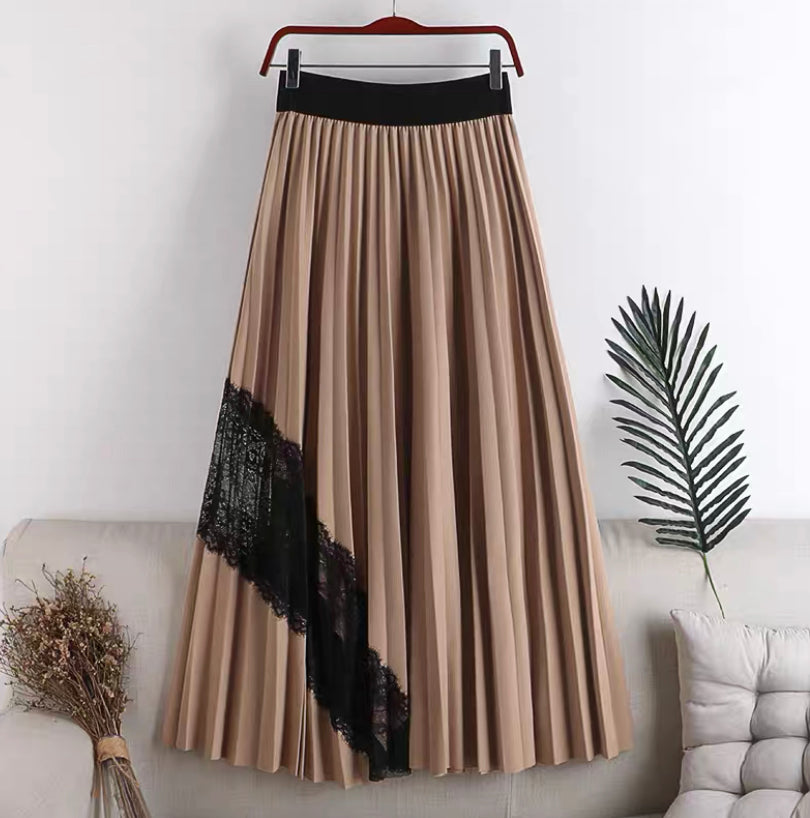 Nouveau style, taille haute, grande balançoire, taille élastique, jupe mi-longue plissée en dentelle épissée 3624