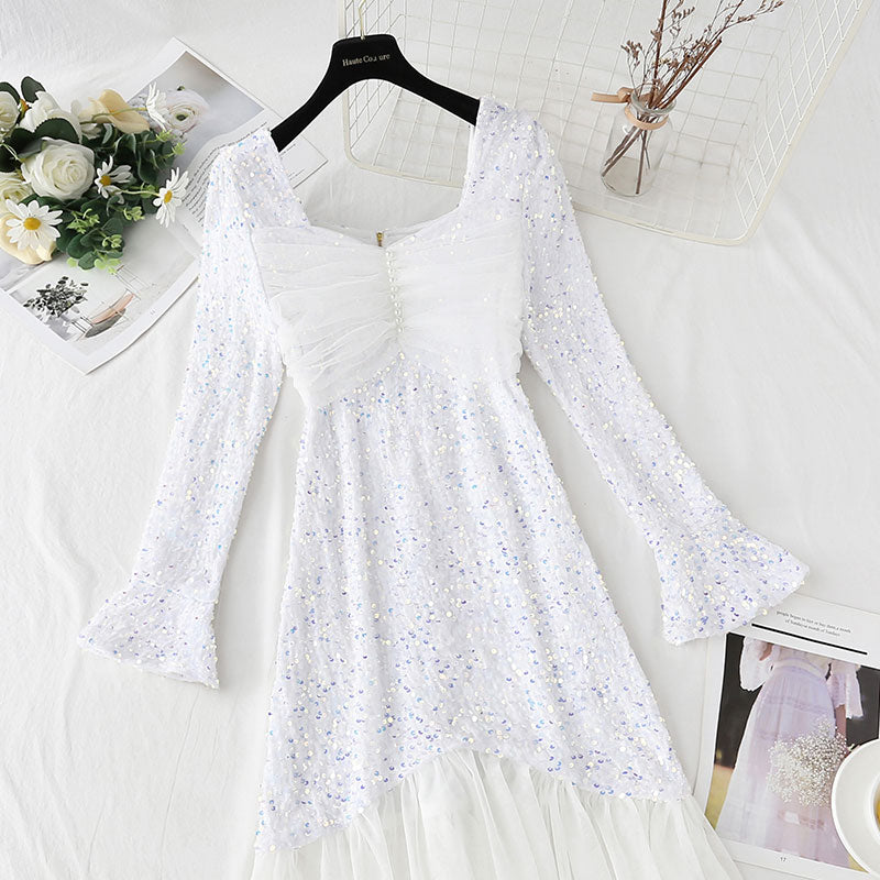 Square neck mesh fairy fishtail Sequin bottomed skirt  4432