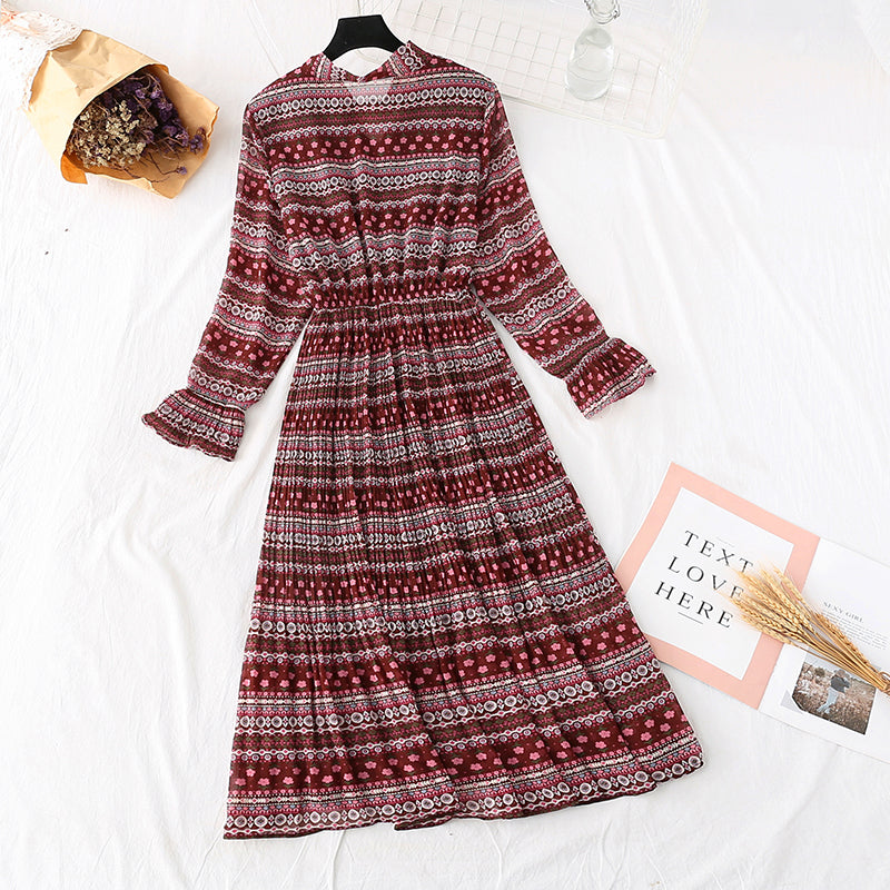 French retro national style broken flower bottomed long skirt  4485