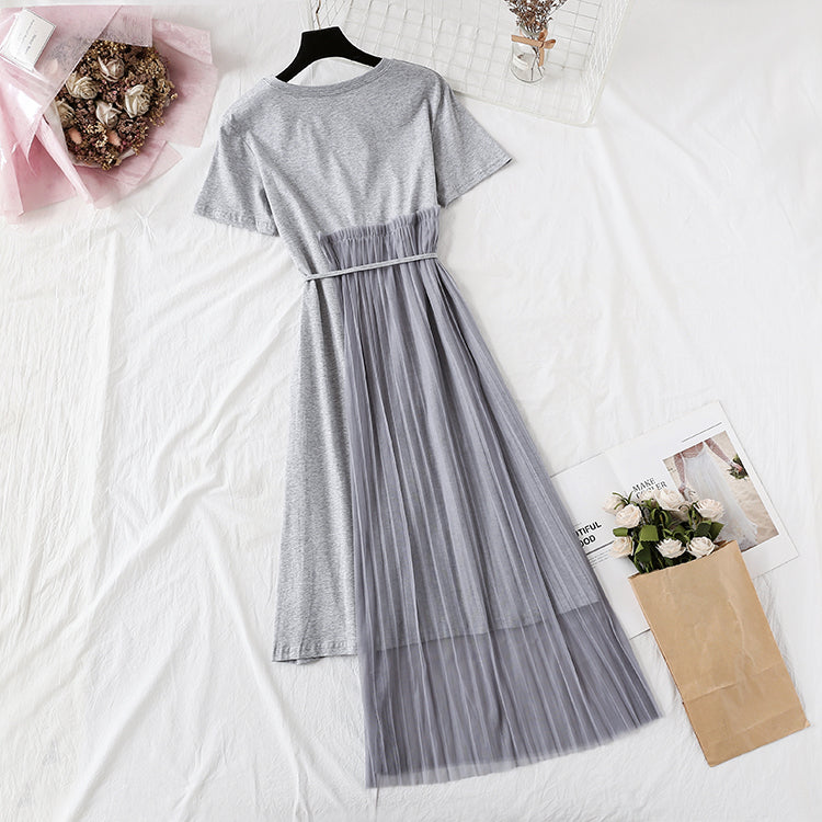 Pleated mesh irregular personality T-shirt skirt  4352