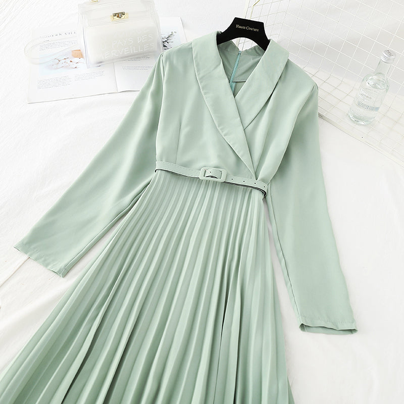 Slim waist, gentle wind dress, lapel, light familiar wind pleated skirt  3868