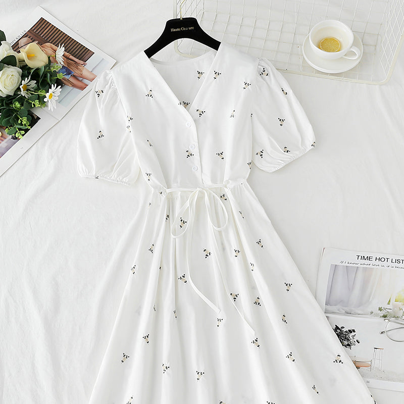 Cotton linen dress embroidered first love tea break skirt  4273