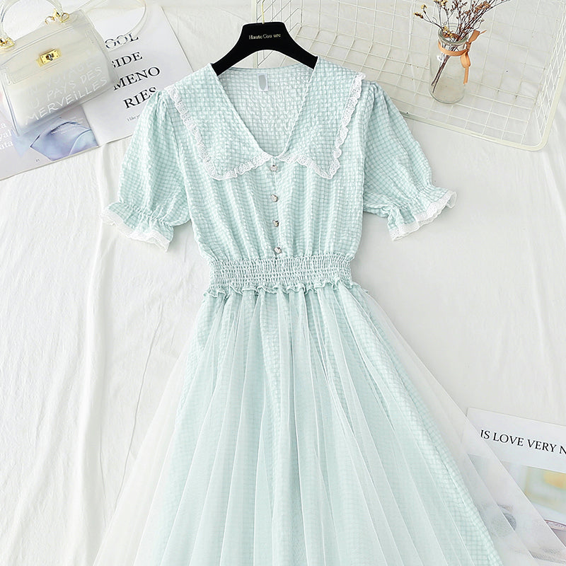 Cotton linen dress new small fresh lattice fairy skirt  4252