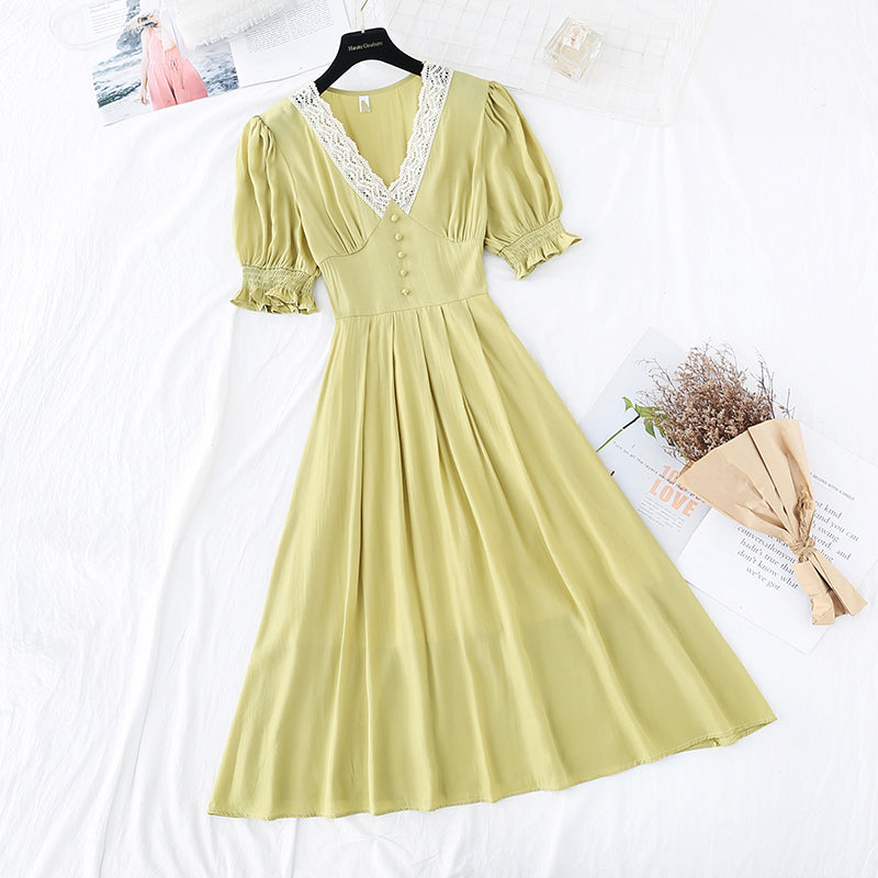 Super fairy bubble sleeve gentle wind high waist thin temperament dress  4209