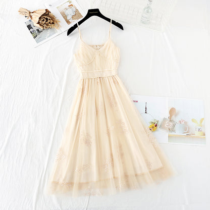 Gauze V-neck suspender skirt French retro temperament goddess  4120