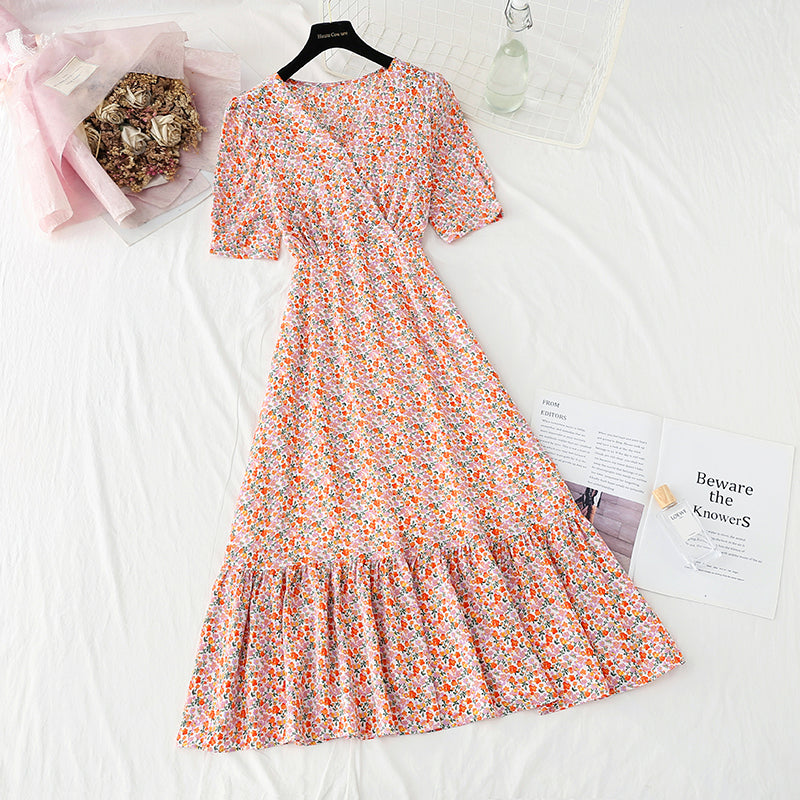 Floral Chiffon Dress gentle wind long skirt sweet V-neck  4859