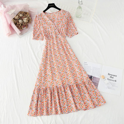 Floral Chiffon Dress gentle wind long skirt sweet V-neck  4859