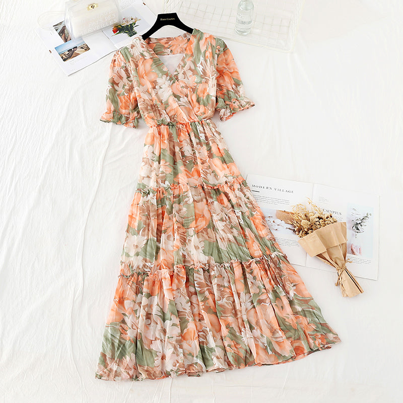 Französischer langer Rock mit plissierter Taille zeigt dünnes Temperament Chiffon-Feenrock 4629