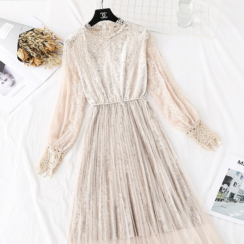 Golden velvet mesh dress lace pleated long skirt  4373