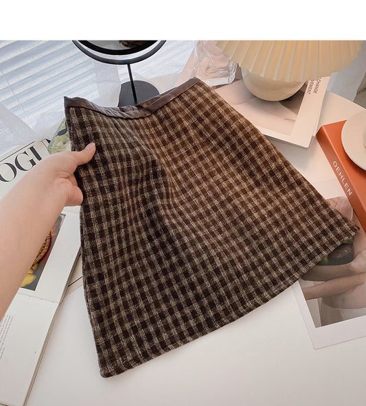 High waist wrap buttock woolen skirt shows thin Plaid A-line skirt  5347