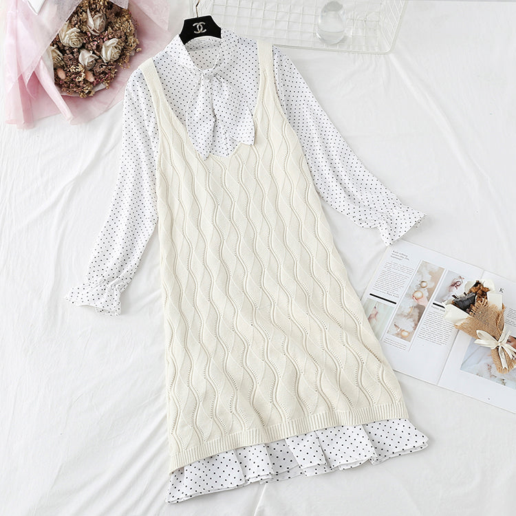 College storm point skirt + knitted vest two-piece suit female  3854