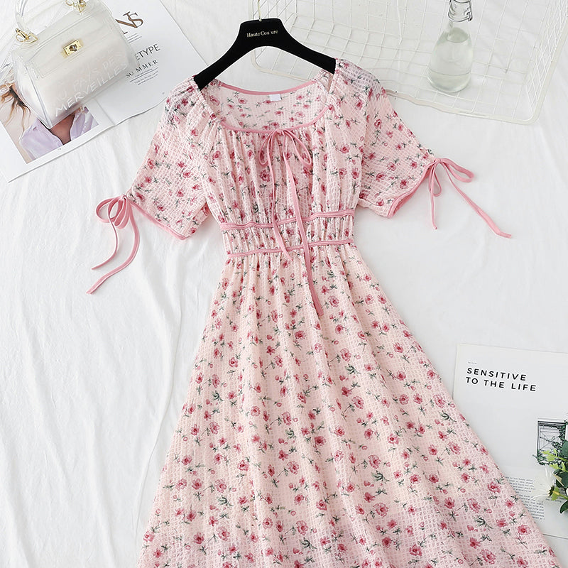 Small fresh lace up sweet dress broken flower skirt looks thin  4865