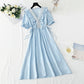 Cotton linen dress French gentle V-neck lace skirt  4887