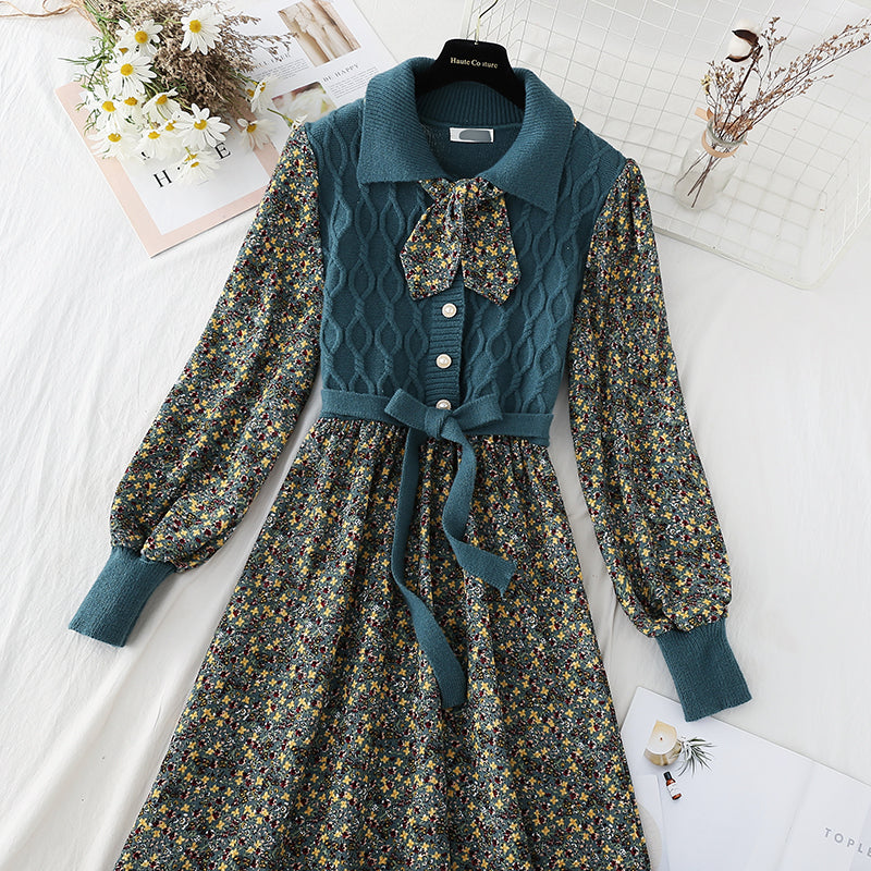 Patchwork lace up floral skirt slim elastic waist Corduroy Skirt  4086