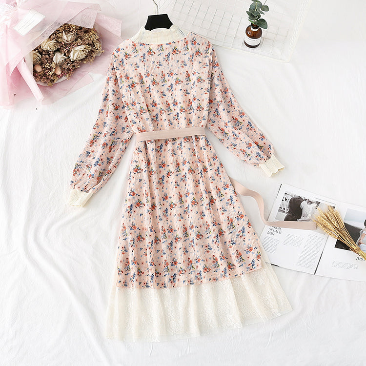 Printed French retro pleated slim waist skirt  3967