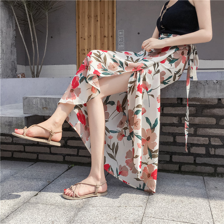 Summer, new style, chiffon split skirt, floral, high waist tie, beach sun protection holiday wrap skirt  3628