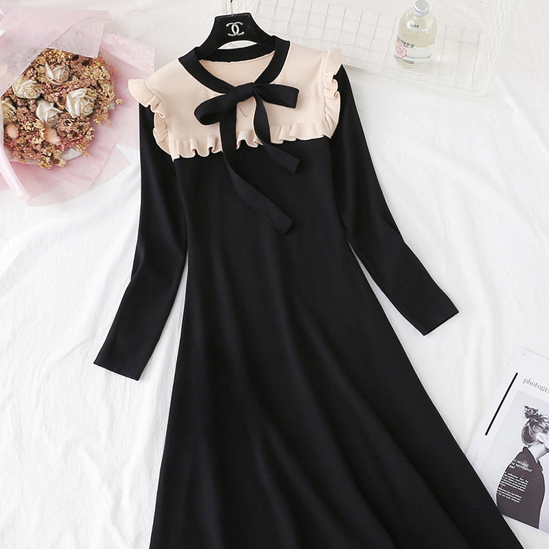 French retro long sleeve bottomed fungus edge knee length sweater skirt  3929