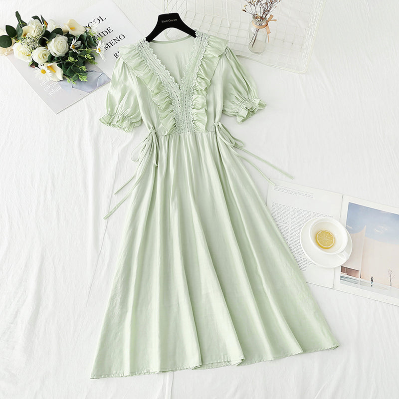 Cotton linen dress French gentle V-neck lace skirt  4887