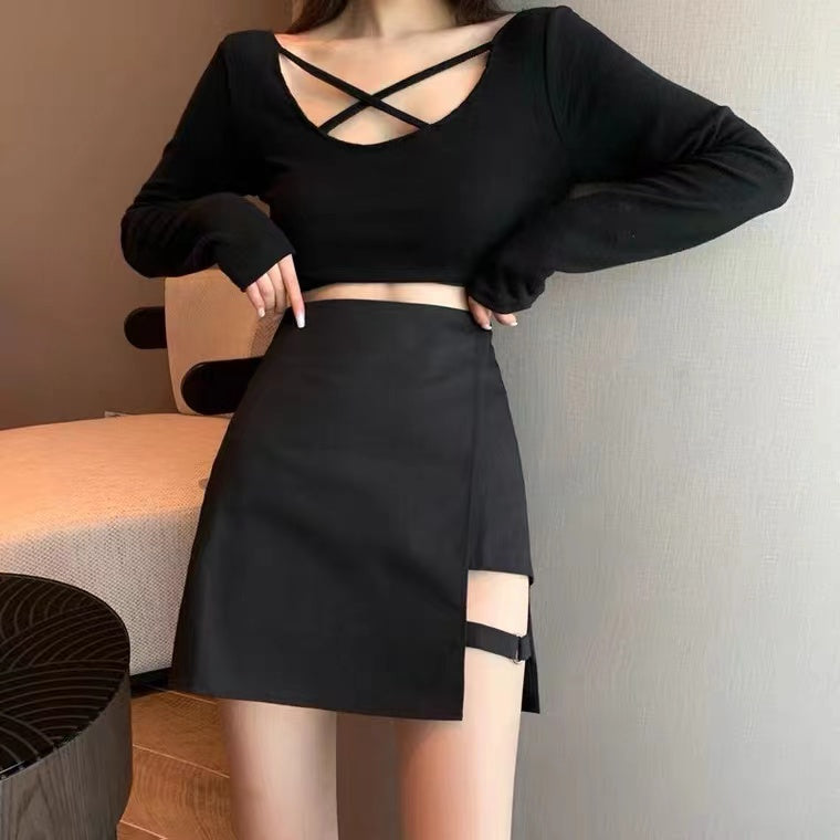 Irregular skirt, spring/summer, new style, high-waisted skirt, black bodycon skirt  3650