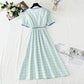 One piece cotton linen Plaid Dress waist closing temperament skirt  4262