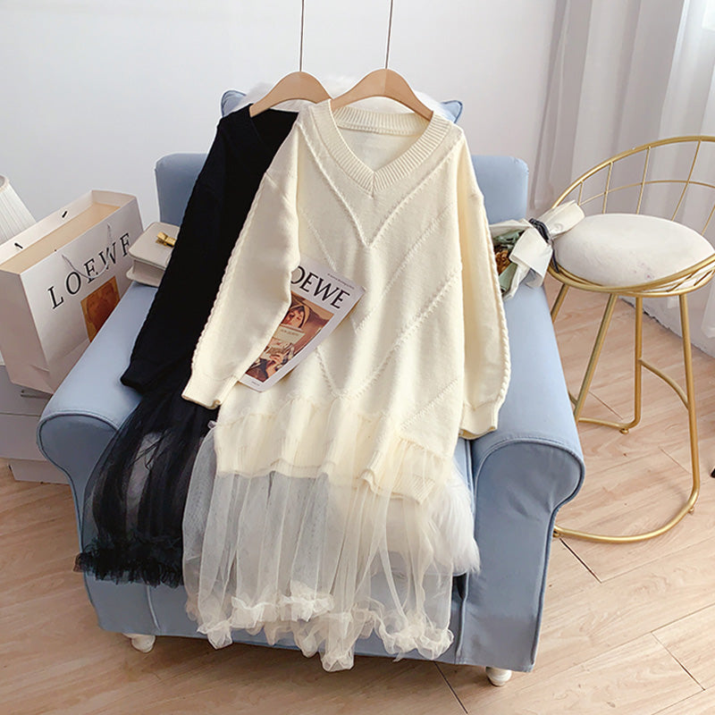 Mesh stitched loose long wool dress  4941