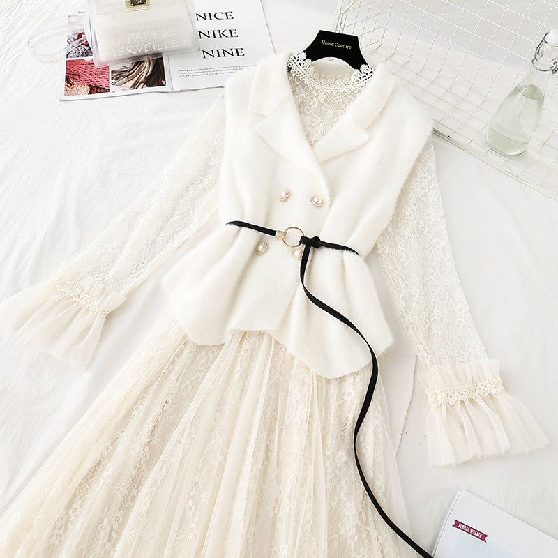 Super fairy lace dress vest skirt two piece set  4740