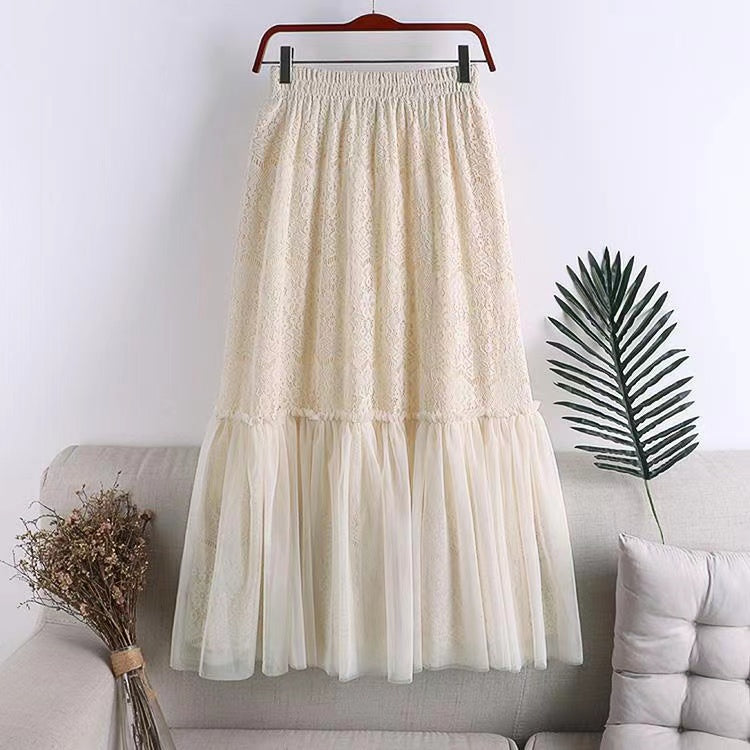 Hollow Splicing Mesh Skirt, High Waist Skirt  3685