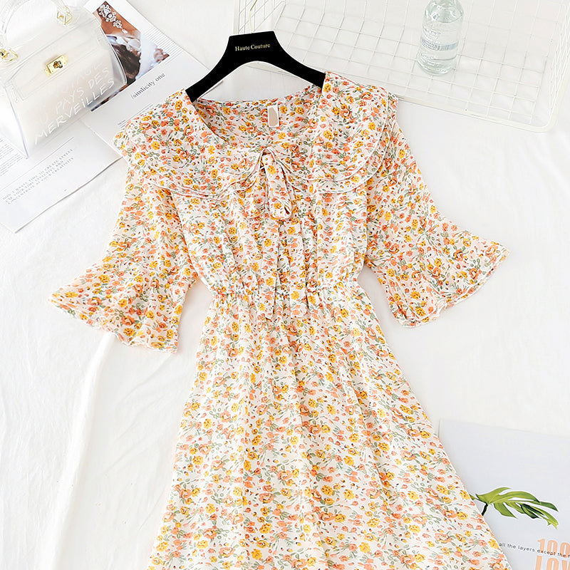 New sweet college broken Flower Chiffon French retro dress  4518