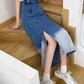 Irregular gradient denim skirt, high waist slit medium long skirt  3549