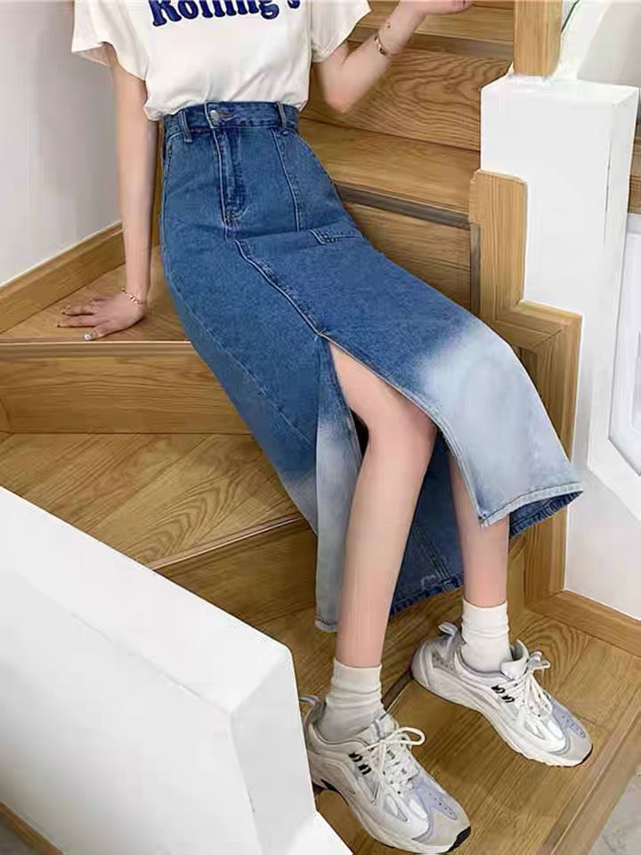 Irregular gradient denim skirt, high waist slit medium long skirt  3549