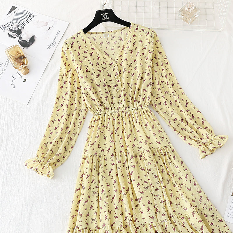 French retro thin fairy broken flower long skirt  3822