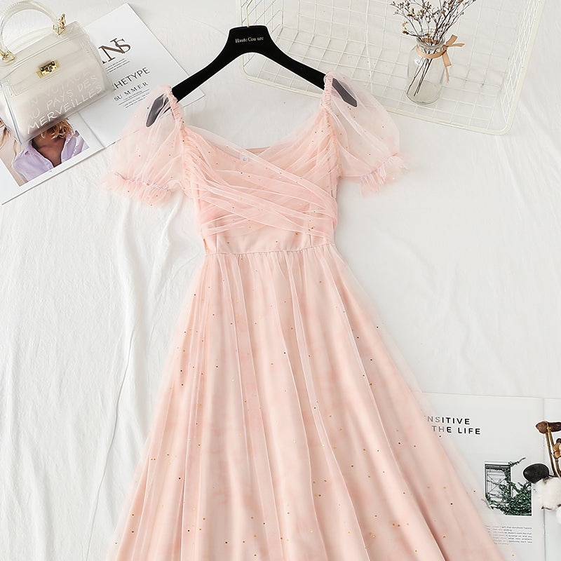 French long dress square neck bubble sleeve fairy skirt  4419