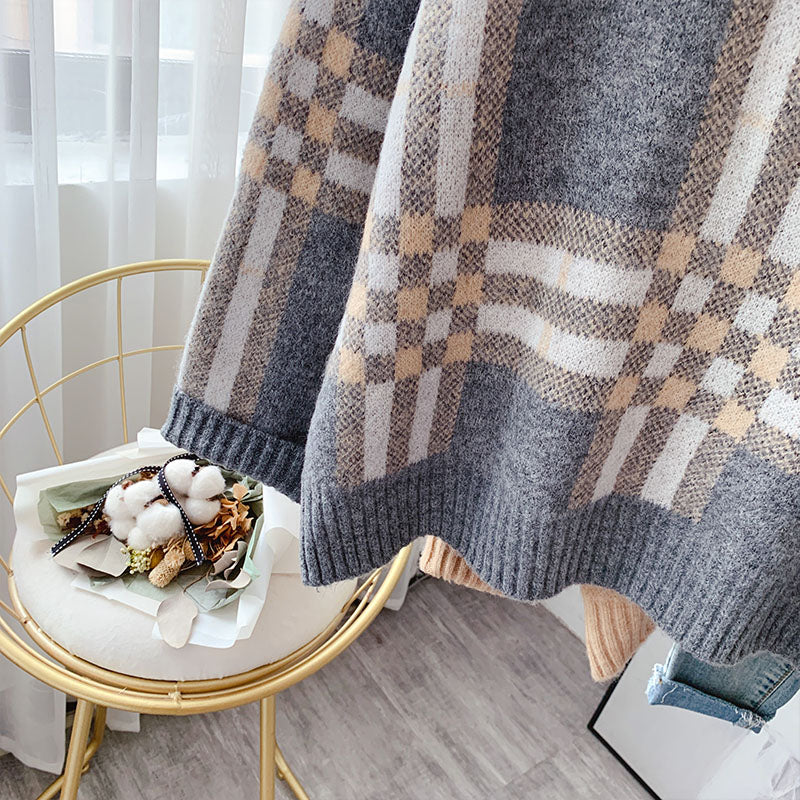 Vintage Plaid half high neck sweater  5033