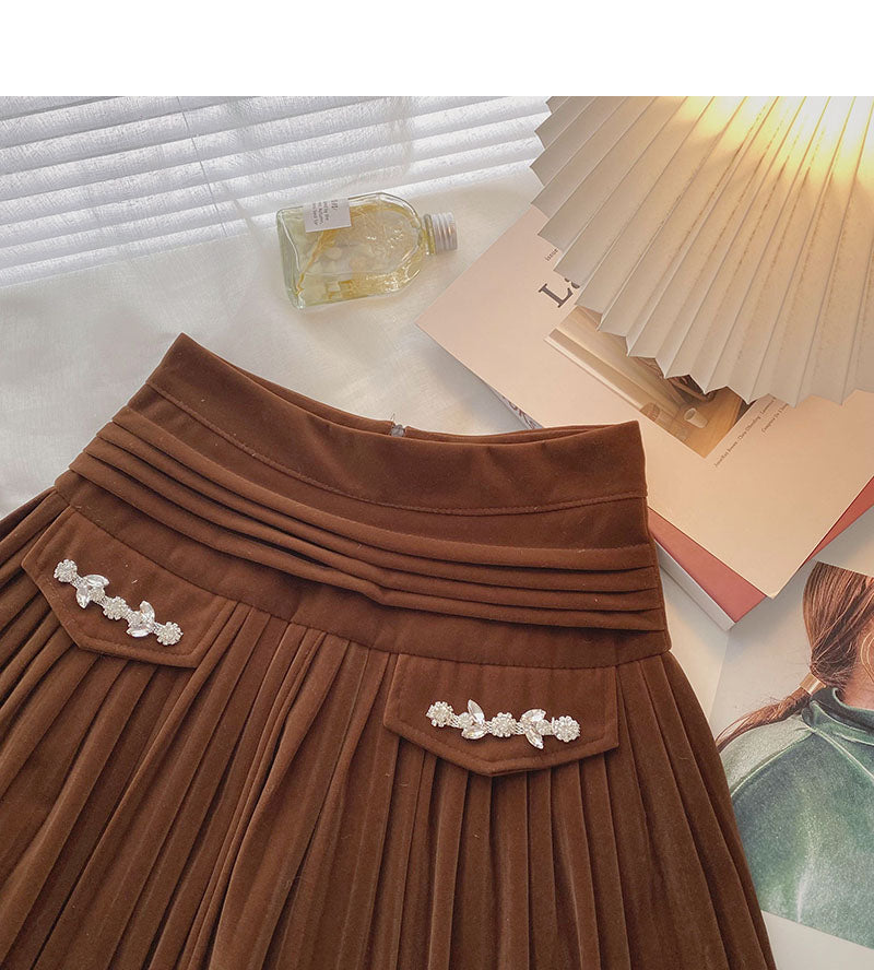 Golden velvet skirt, small design, decorative high waist A-line skirt  5334