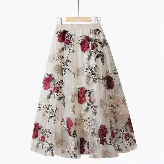 Embroidered large flowers, stylish, sweet mesh midi fairy skirt  3632