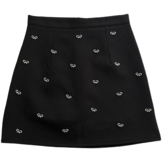 Jupe trapèze unie à nœud et perles vintage coréenne 5317