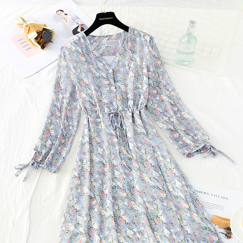 New long sleeve waistband lace up thin Chiffon gentle wind Floral Dress  4719