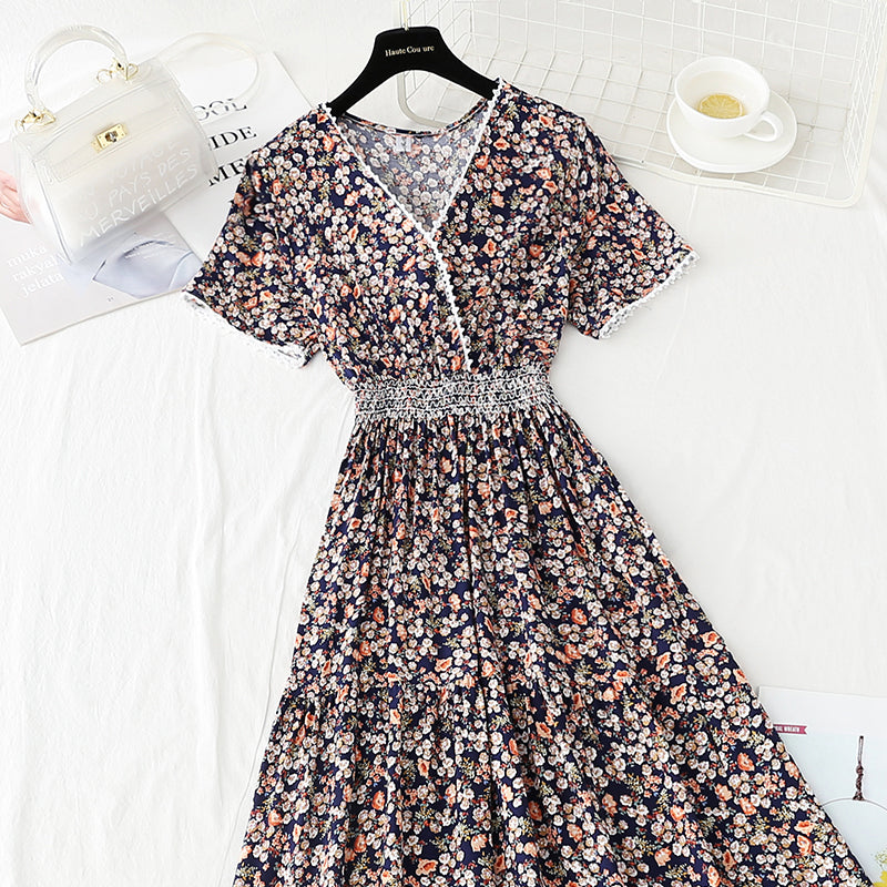 Holiday skirt with broken flowers, slim waist and long skirt with large hem  4246