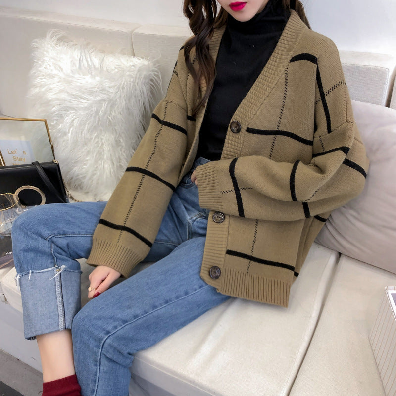 Harajuku Pullover Cardigan Karierte Strickjacke 5268