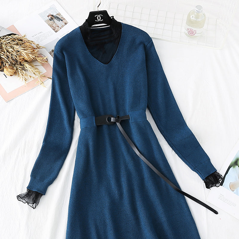 Knitted dress lace backing fake two skirts  4493