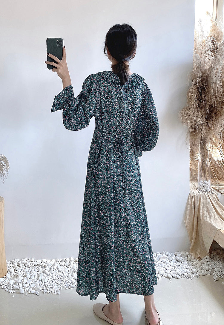 V-neck waist closing thin lotus leaf sleeve Floral Chiffon gentle wind dress  3912