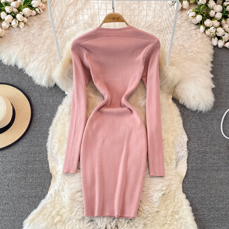 Square neck tight elastic knitted dress  3758