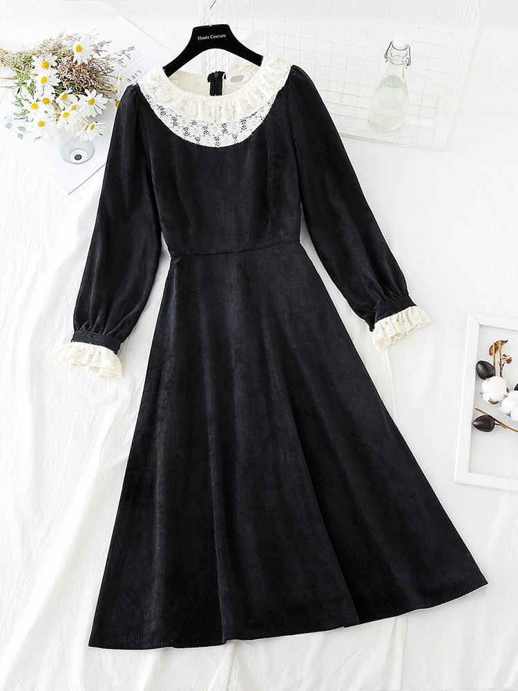 Lace collar velvet dress Retro High Waist slim  4795