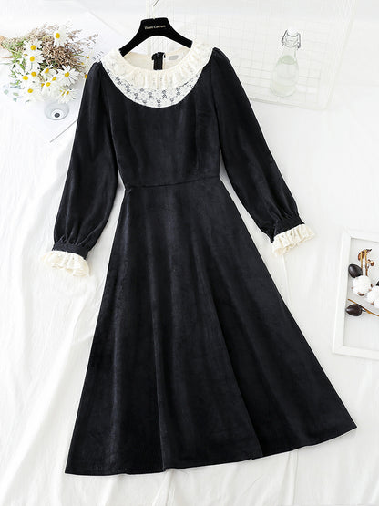 Lace collar velvet dress Retro High Waist slim  4795