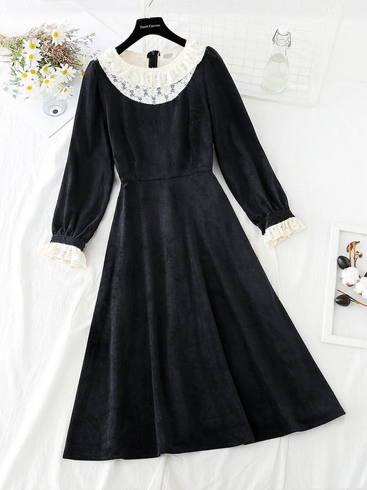 Lace collar velvet dress Retro High Waist slim  4795